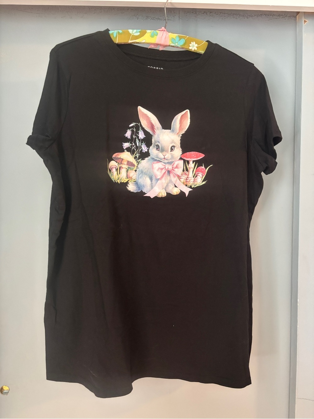 torrid Black Tee with Pastel Bunny and Mushroom Graphic Cottagecore
